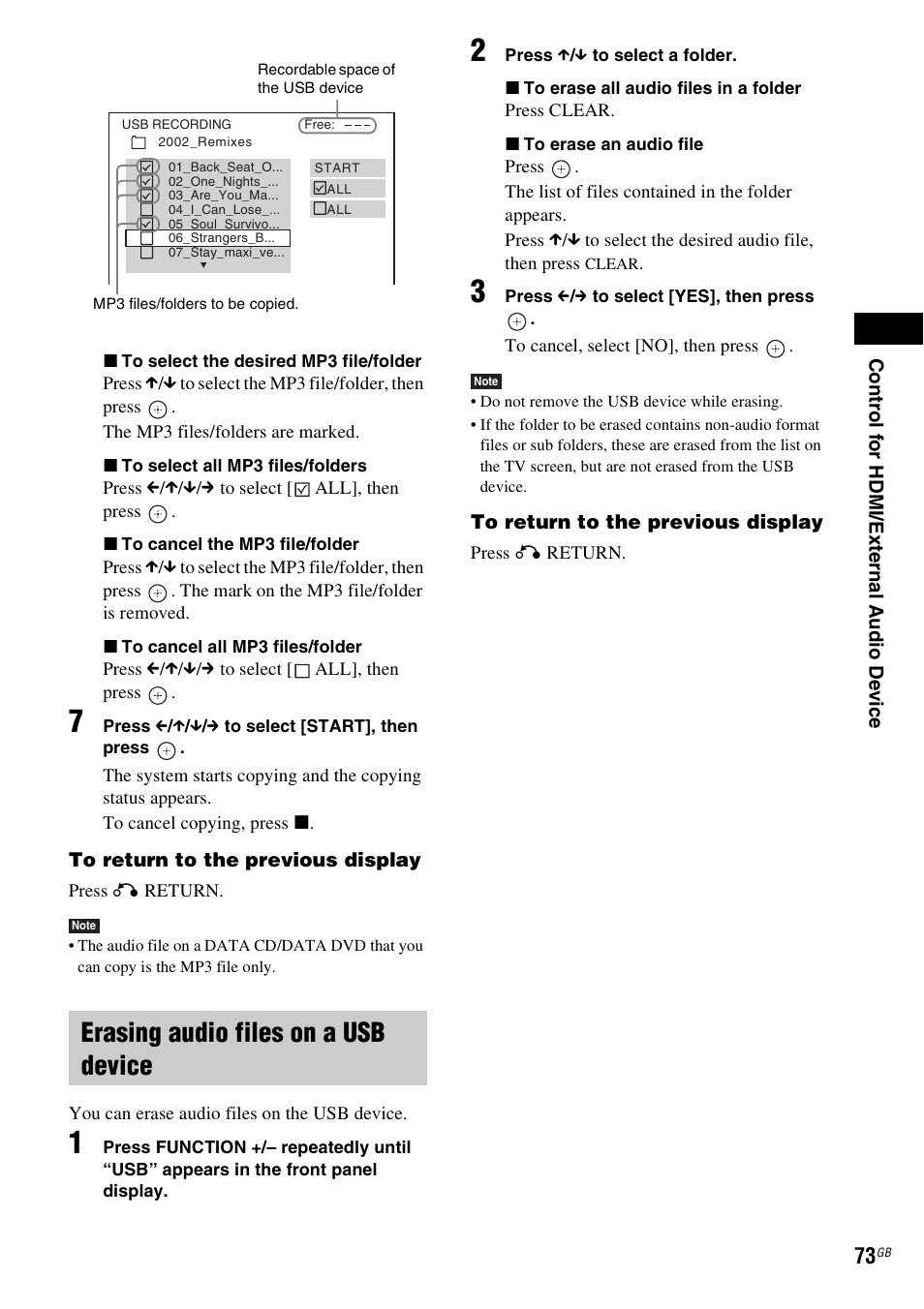 Erasing audio files on a usb device | Sony 3-285-995-11(1) User Manual | Page 73 / 116