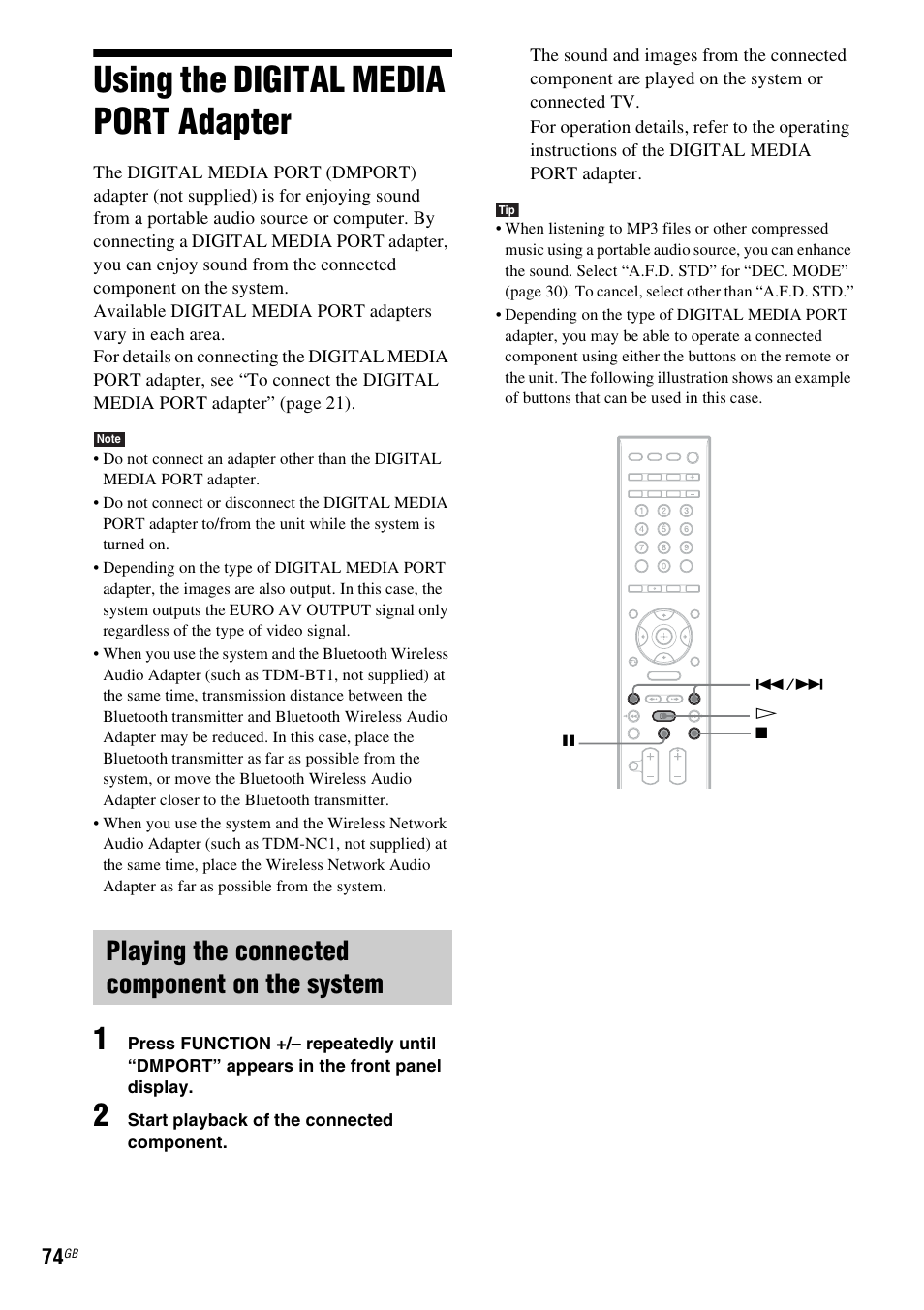 Using the digital media port adapter, Playing the connected component on the system, Using the digital media port | Adapter | Sony 3-285-995-11(1) User Manual | Page 74 / 116
