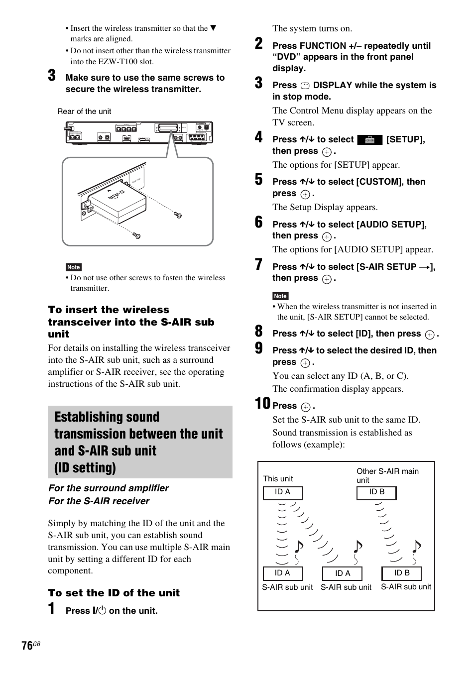 The system turns on, The control menu display appears on the tv screen, The options for [setup] appear | The setup display appears, The options for [audio setup] appear, For the surround amplifier for the s-air receiver | Sony 3-285-995-11(1) User Manual | Page 76 / 116