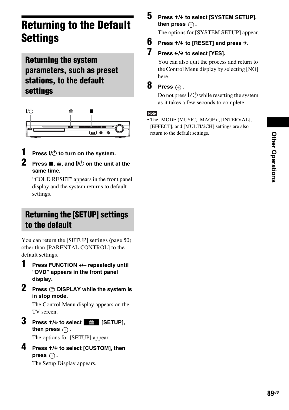 Returning to the default settings, Returning the [setup] settings to the default | Sony 3-285-995-11(1) User Manual | Page 89 / 116