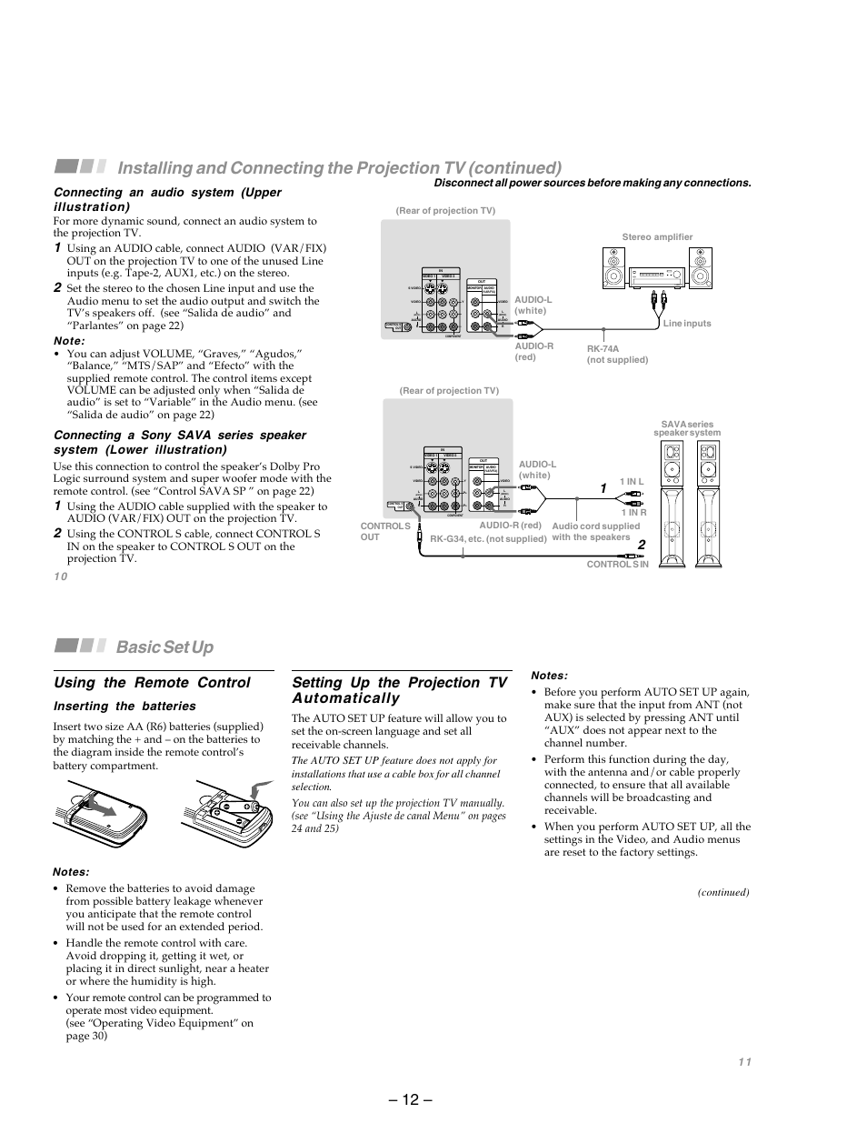 Basic set up, Using the remote control, Setting up the projection tv automatically | Connecting an audio system (upper illustration), Inserting the batteries | Sony KP-53SV75A User Manual | Page 12 / 92