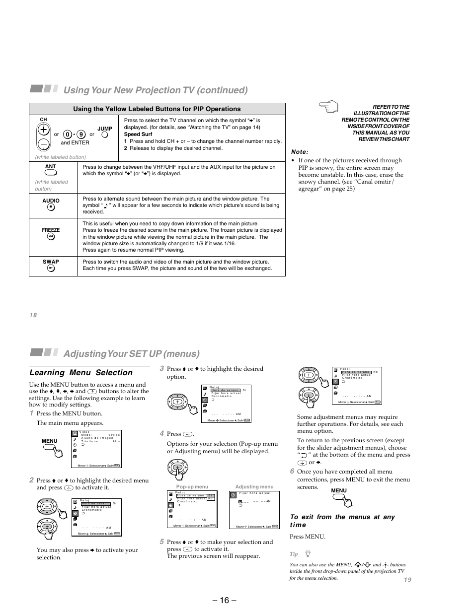 Adjusting your set up (menus), Using your new projection tv (continued), Learning menu selection | Sony KP-53SV75A User Manual | Page 16 / 92