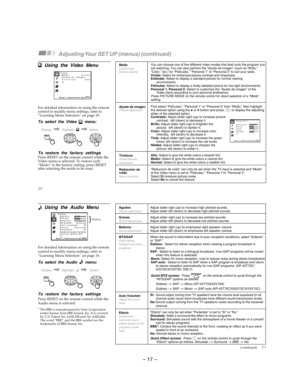 Adjusting your set up (menus) (continued), Using the video menu, Using the audio menu | Sony KP-53SV75A User Manual | Page 17 / 92