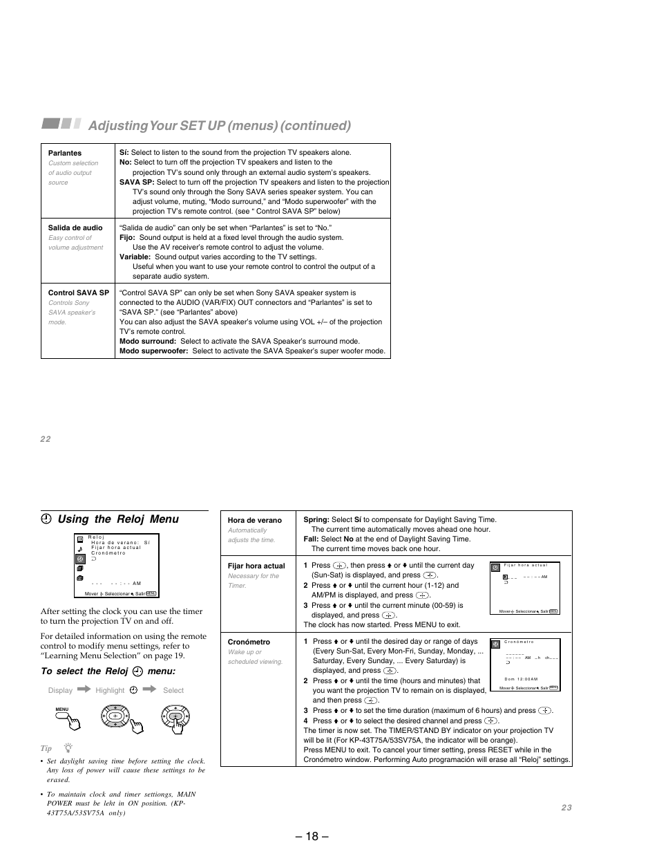 Adjusting your set up (menus) (continued), Using the reloj menu | Sony KP-53SV75A User Manual | Page 18 / 92