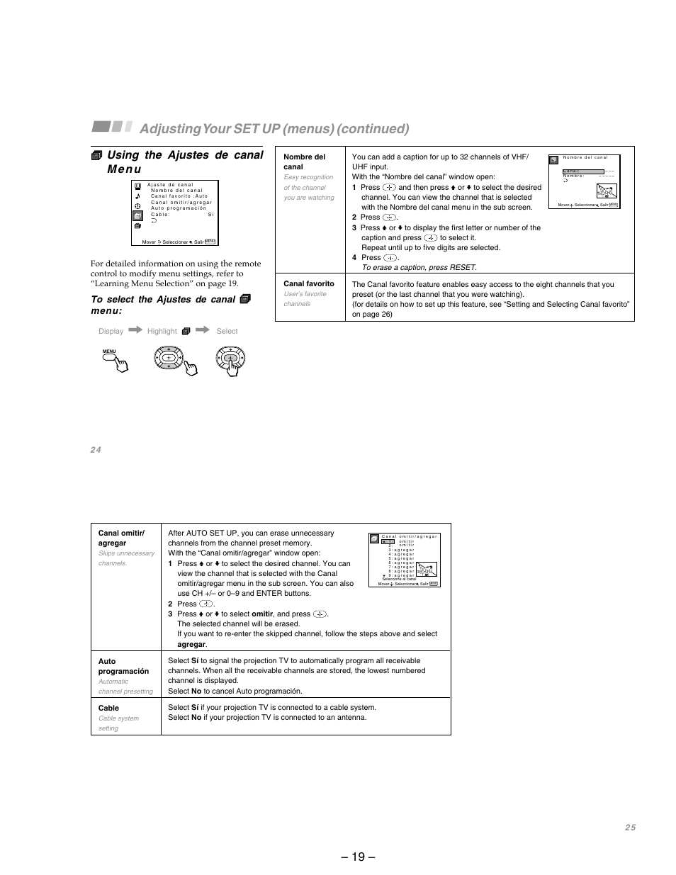 Adjusting your set up (menus) (continued), Menu | Sony KP-53SV75A User Manual | Page 19 / 92