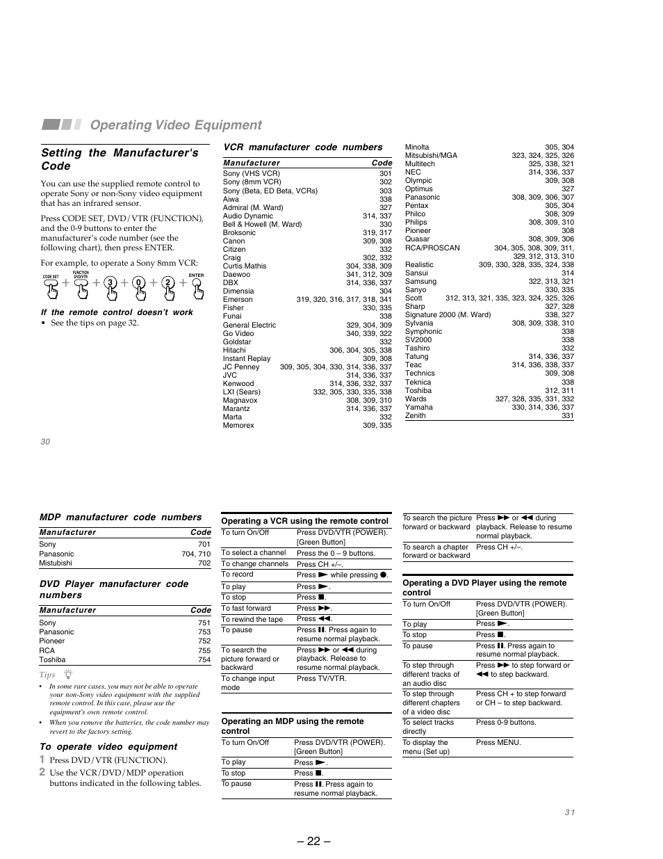 Adjusting your set operating video equipment, Adjusting your set up (menus) (continued), Operating video equipment | Setting the manufacturer's code | Sony KP-53SV75A User Manual | Page 22 / 92