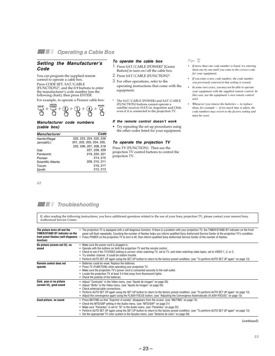 Adjusting your set operating a cable box, Troubleshooting, Adjusting your set up (menus) (continued) | Operating a cable box, Setting the manufacturer's code | Sony KP-53SV75A User Manual | Page 23 / 92