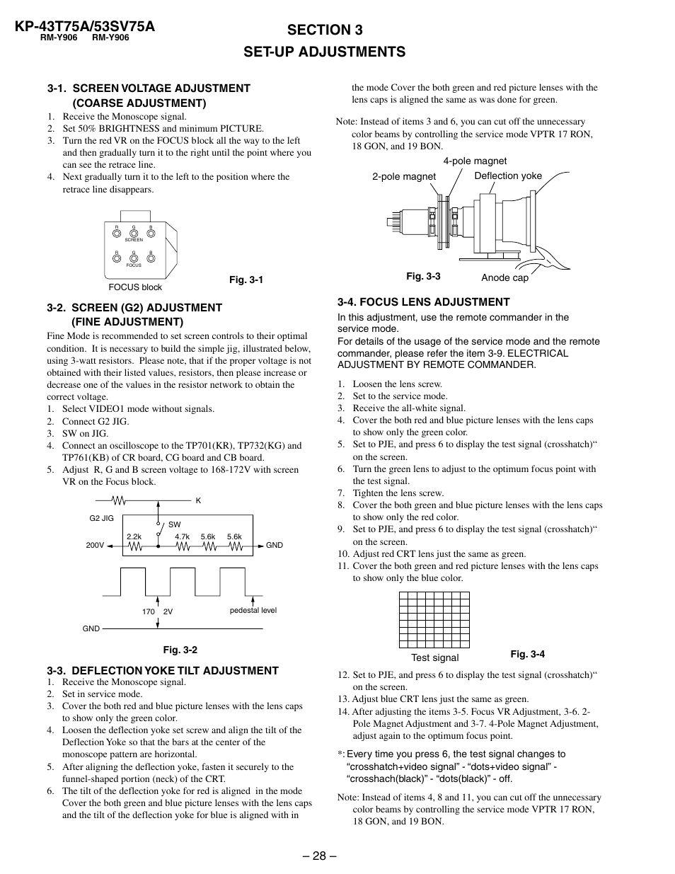 Set-up adjustments, 1. screen voltage adjustment (coarse adjustment), 2. screen (g2) adjustment (fine adjustment) | 3. deflection yoke tilt adjustment, 4. focus lens adjustment | Sony KP-53SV75A User Manual | Page 28 / 92