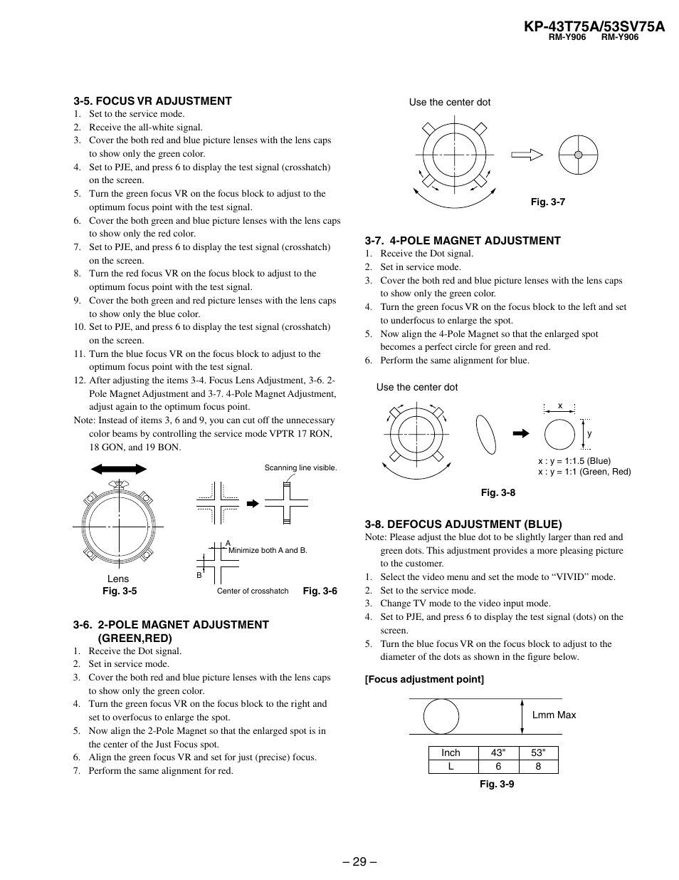 5. focus vr adjustment, 6. 2-pole magnet adjustment (green,red), 7. 4-pole magnet adjustment | 8. defocus adjustment (blue) | Sony KP-53SV75A User Manual | Page 29 / 92