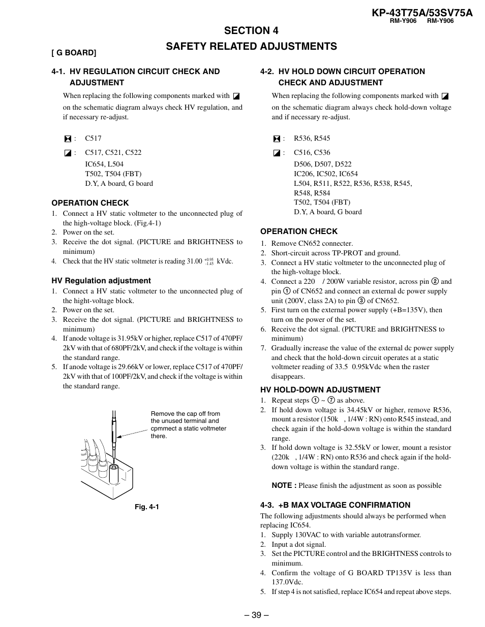 Safety related adjustments, 1. hv regulation circuit check and adjustment, 3. +b max voltage confirmation | Sony KP-53SV75A User Manual | Page 39 / 92