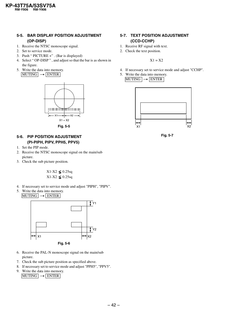 5. bar display position adjustment (op-disp), 7. text position adjustment (ccd-cchp) | Sony KP-53SV75A User Manual | Page 42 / 92