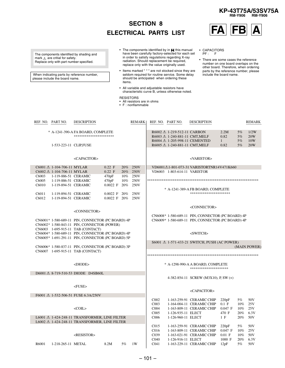 Electrical parts list, Fa board, Fb board | A board, Fa fb a | Sony KP-53SV75A User Manual | Page 67 / 92
