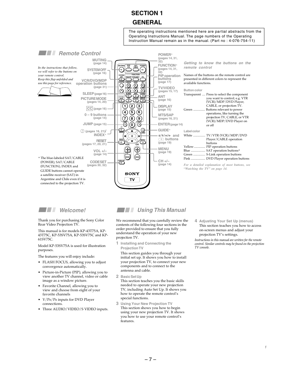 General, Remote control, Welcome | Using this manual | Sony KP-53SV75A User Manual | Page 7 / 92