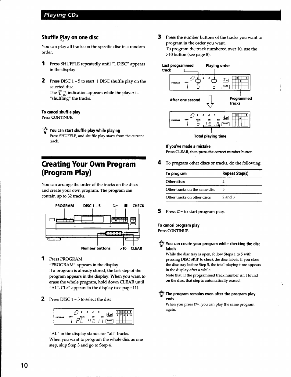 Shuffle play on one disc, To cancel shuffle play, You can start shuffle play while playing | To cancel program play, Creating your own program (program play), I / b | Sony CDP-C265 User Manual | Page 10 / 16