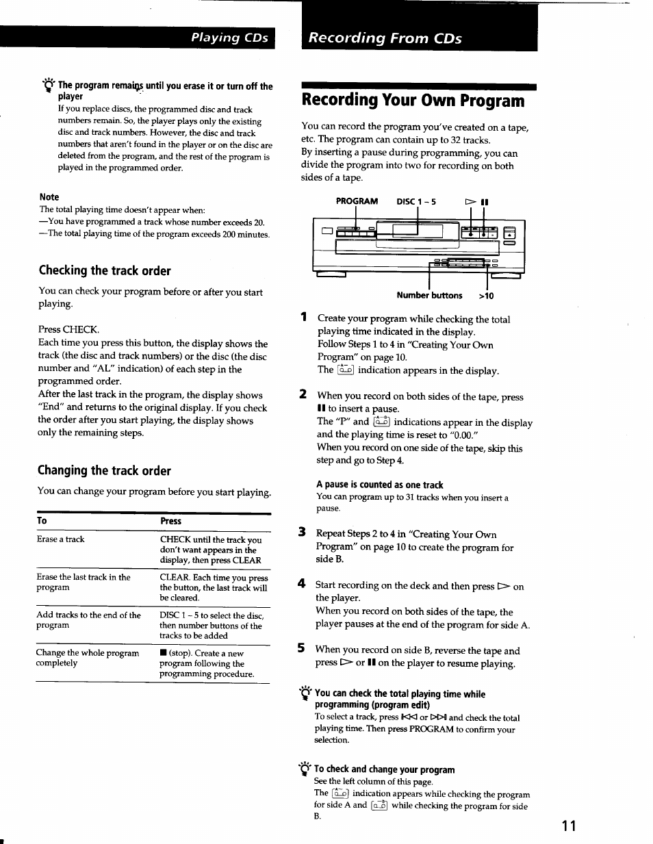 Note, Checking the track order, Changing the track order | A pause is counted as one track, Q' to check and change your program, Recording your own program | Sony CDP-C265 User Manual | Page 11 / 16
