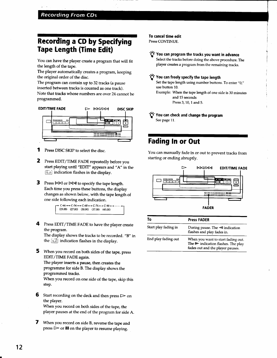 To cancel time edit, You can program the tracks you want in advance, Y' you can freely specify the tape length | Q' you can check and change the program, Fading in or out | Sony CDP-C265 User Manual | Page 12 / 16