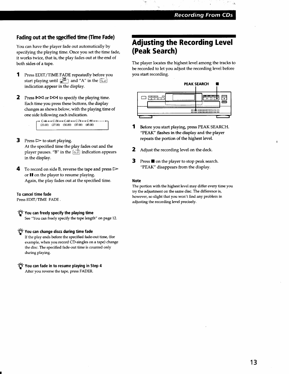 Fading out at the s|;ipcified time (time fade), To cancel time fade, Note | Y you can freely specify the playing time, Y you can change discs during time fade, Y' you can fade in to resume playing in step 4, Adjusting the recording level (peak search), Recording from cds | Sony CDP-C265 User Manual | Page 13 / 16