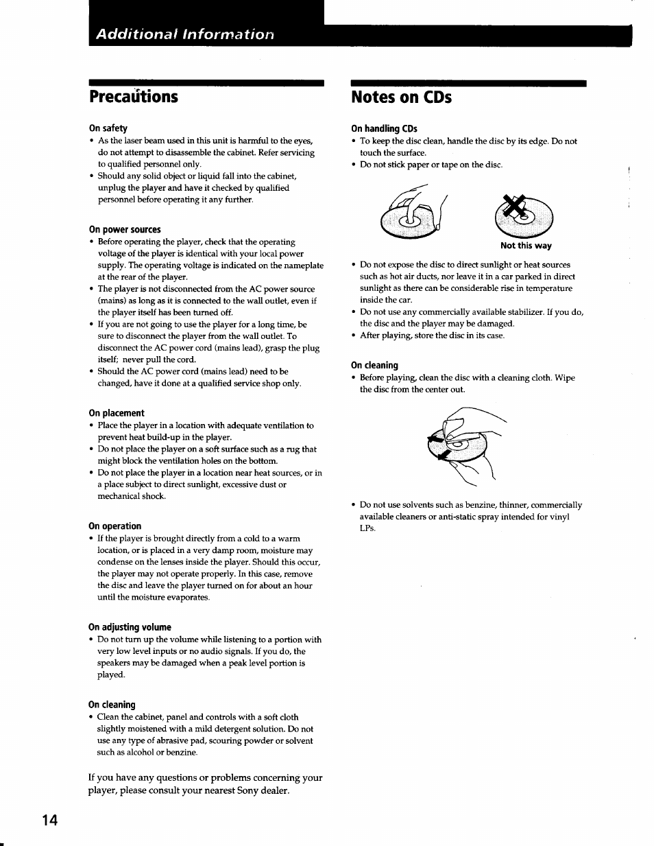 On safety, On power sources, On handling cds | On cleaning, On placement, On operation, On adjusting volume, Additionaf information | Sony CDP-C265 User Manual | Page 14 / 16