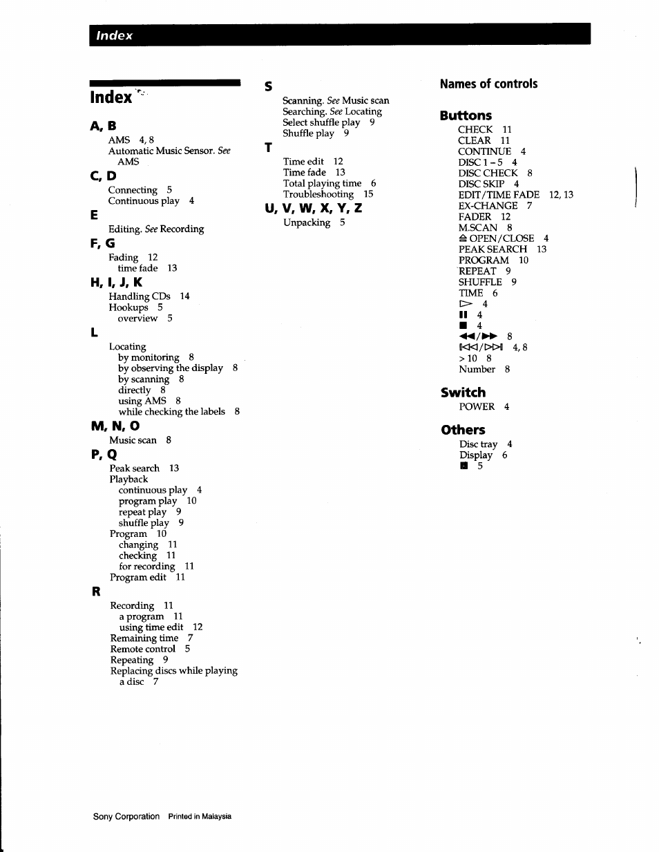 A, b, F, g, H, i, j, k | M, n, o, Names of controls buttons, Switch, Others, Index, U, v, w, x, y. z, Buttons | Sony CDP-C265 User Manual | Page 16 / 16
