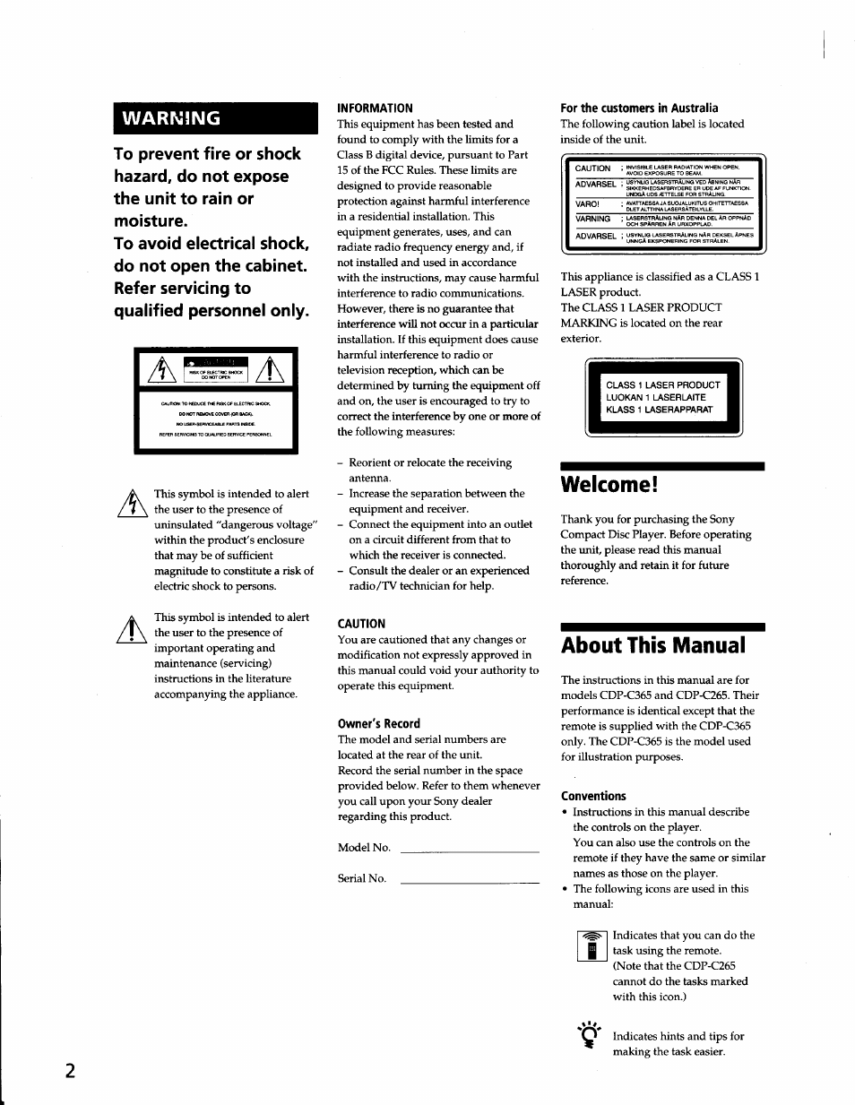 Information, Caution, Owner's record | For the customers in australia, Conventions, Welcome, About this manual | Sony CDP-C265 User Manual | Page 2 / 16