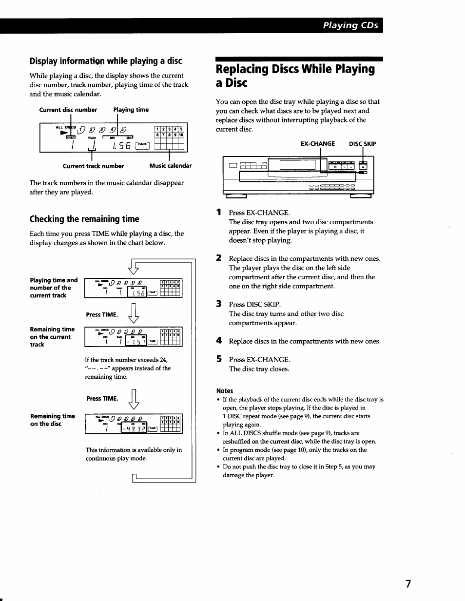 Display informatkin while playing a disc, Checking the remaining time, Notes | Replacing discs while playing a disc, 5 5 ra, Playing cds, L'“l | Sony CDP-C265 User Manual | Page 7 / 16