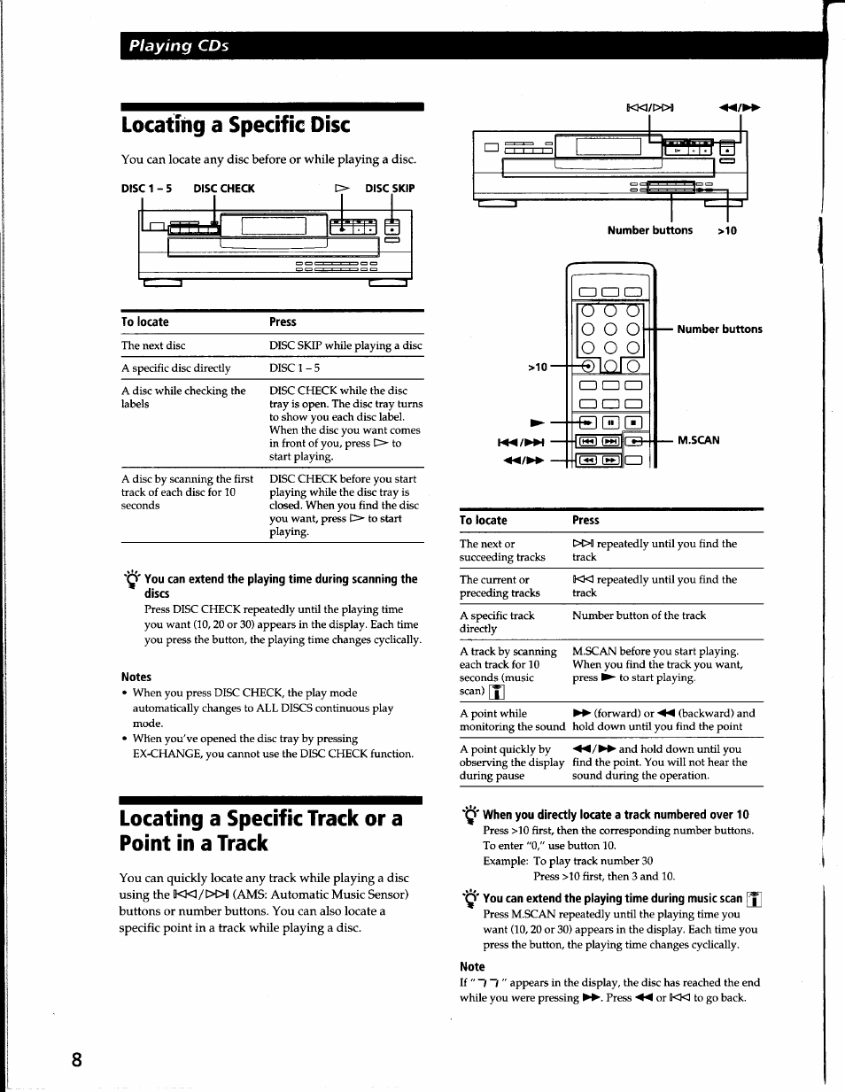 Notes, When you directly locate a track numbered over 10, Note | 0 n o, Locating a specific disc, Locating a specific track or a point in a track | Sony CDP-C265 User Manual | Page 8 / 16