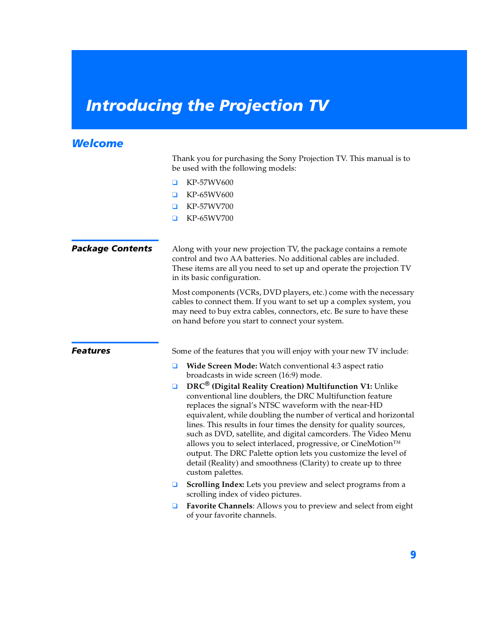 Introducing the projection tv, Welcome, Package contents | Features, Package contents features | Sony KP 57WV700  EN User Manual | Page 10 / 101