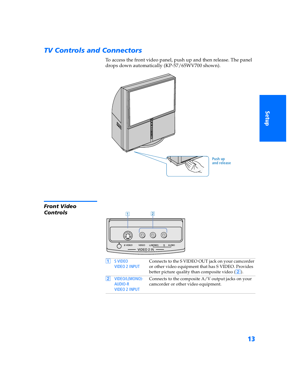 Tv controls and connectors, Front video controls | Sony KP 57WV700  EN User Manual | Page 14 / 101