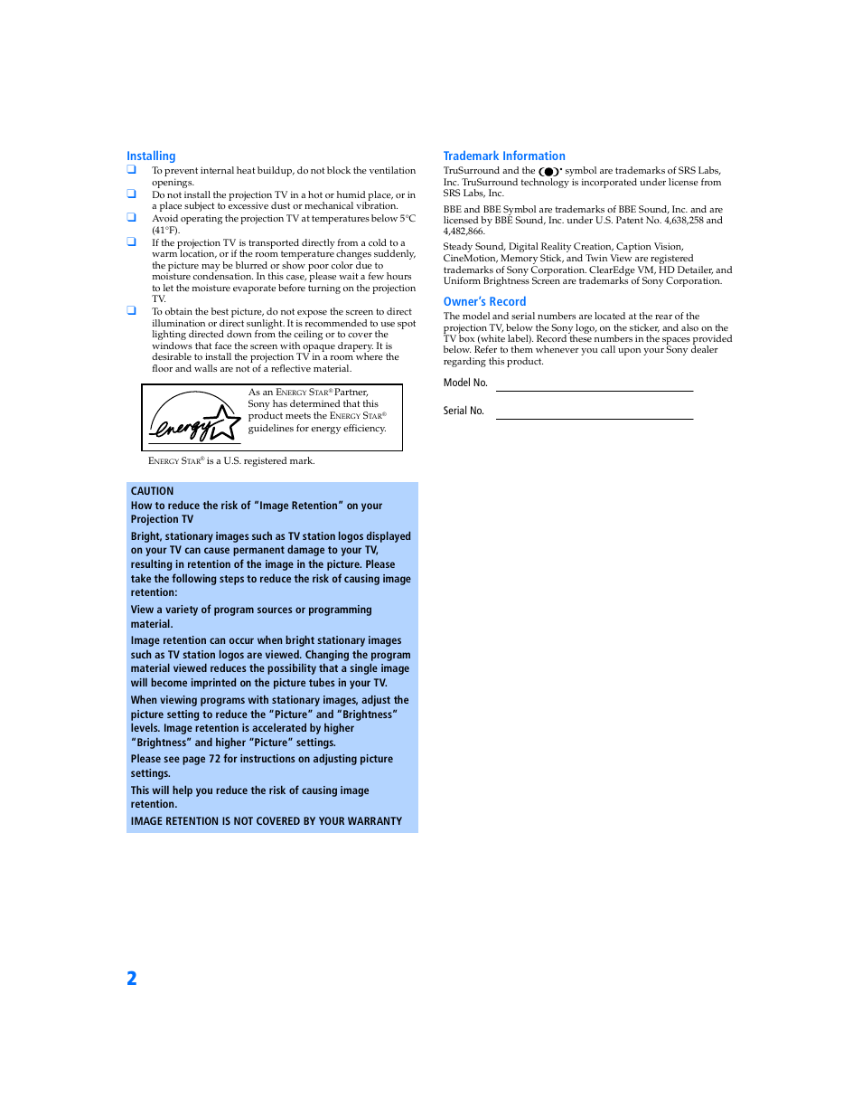 Sony KP 57WV700  EN User Manual | Page 3 / 101