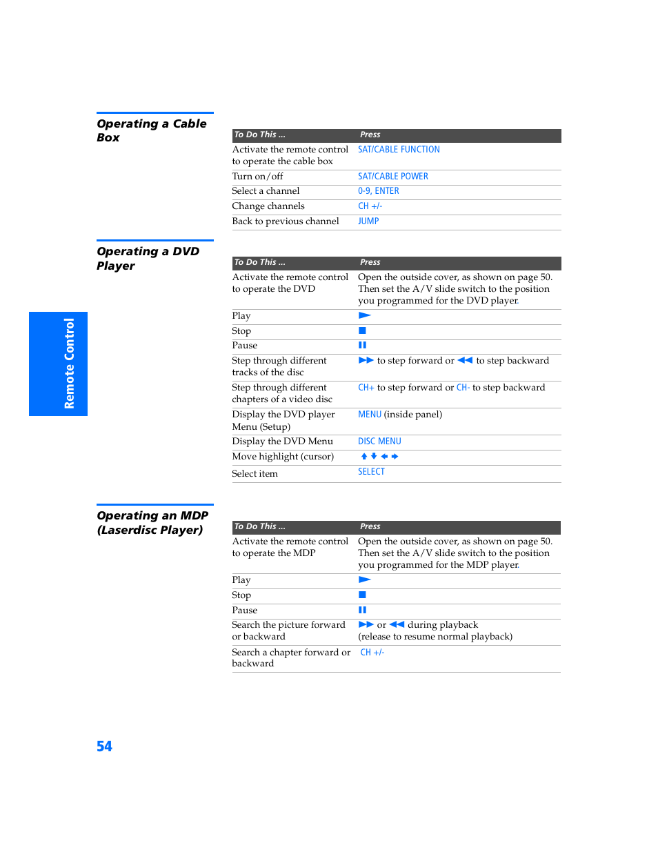 Operating a cable box, Operating a dvd player, Operating an mdp (laserdisc player) | Sony KP 57WV700  EN User Manual | Page 55 / 101