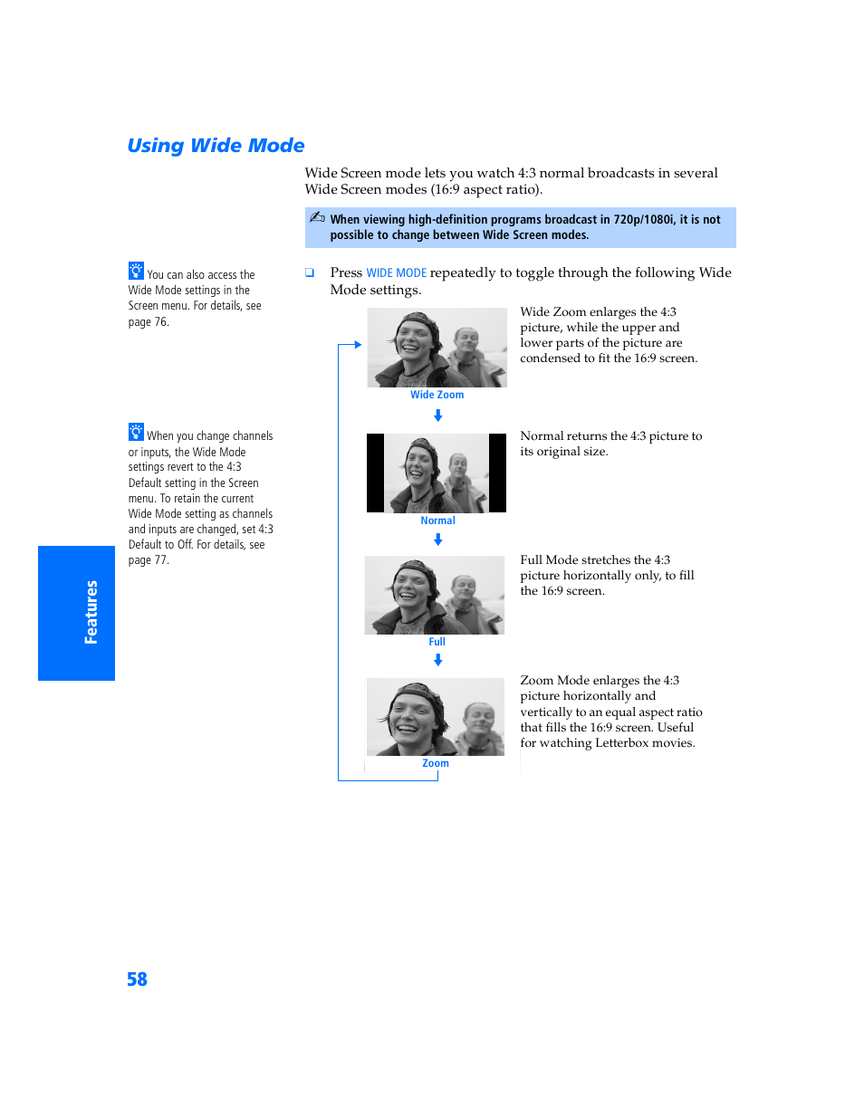 Using wide mode | Sony KP 57WV700  EN User Manual | Page 59 / 101