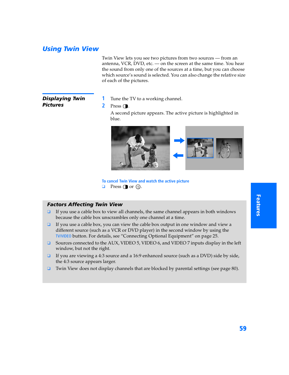 Using twin view, Displaying twin pictures, Factors affecting twin view | Sony KP 57WV700  EN User Manual | Page 60 / 101