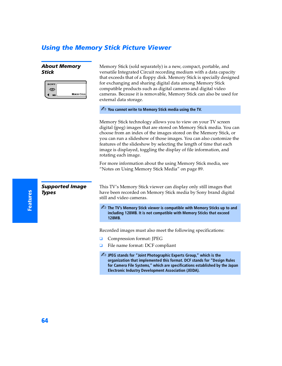 Using the memory stick picture viewer, About memory stick, Supported image types | Sony KP 57WV700  EN User Manual | Page 65 / 101