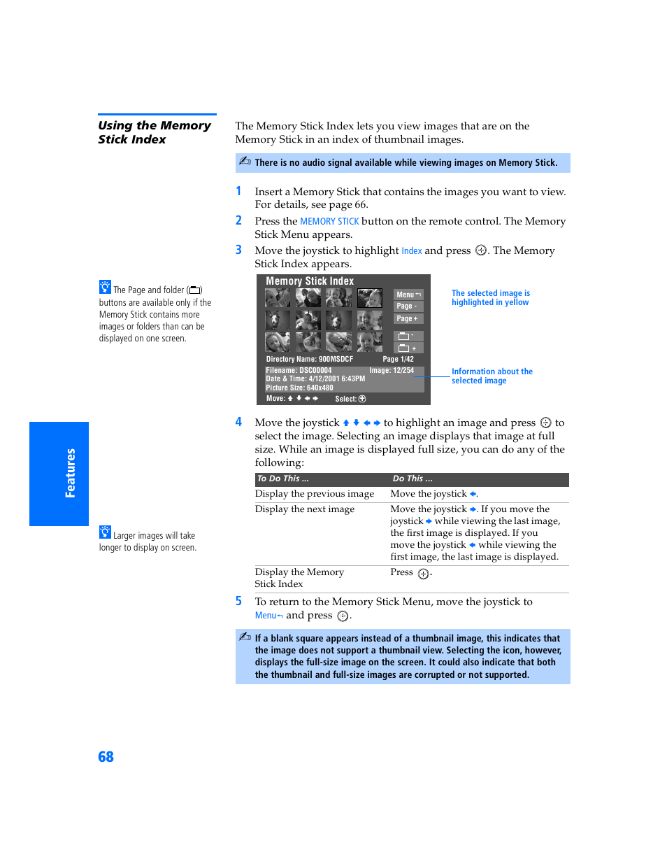 Using the memory stick index | Sony KP 57WV700  EN User Manual | Page 69 / 101