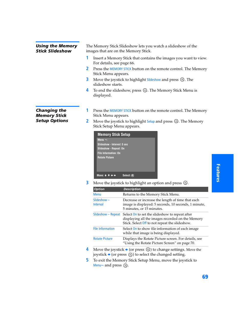 Using the memory stick slideshow, Changing the memory stick setup options | Sony KP 57WV700  EN User Manual | Page 70 / 101