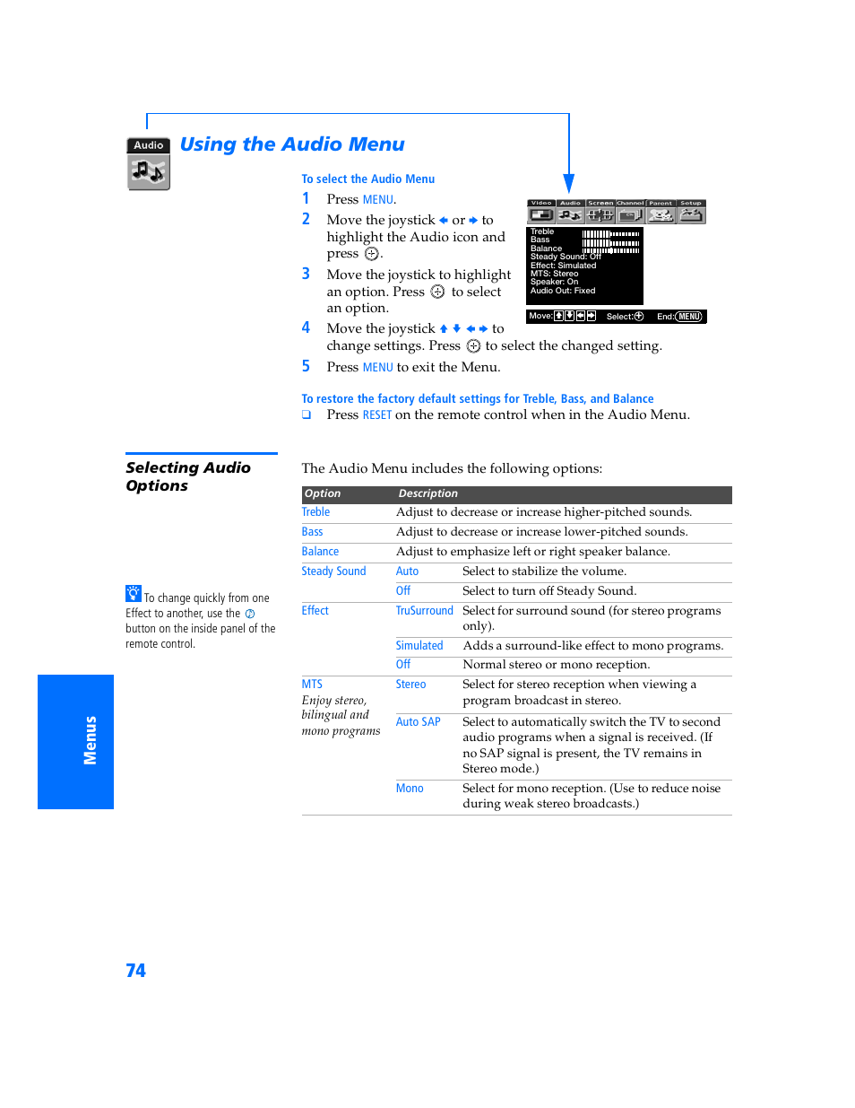 Using the audio menu, Selecting audio options | Sony KP 57WV700  EN User Manual | Page 75 / 101