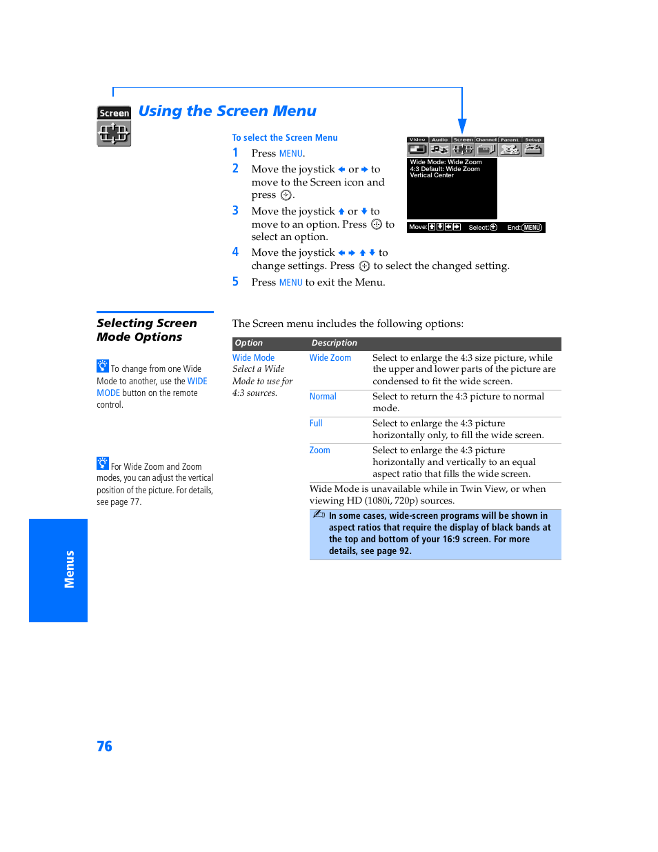 Using the screen menu, Selecting screen mode options, D 76 | Sony KP 57WV700  EN User Manual | Page 77 / 101