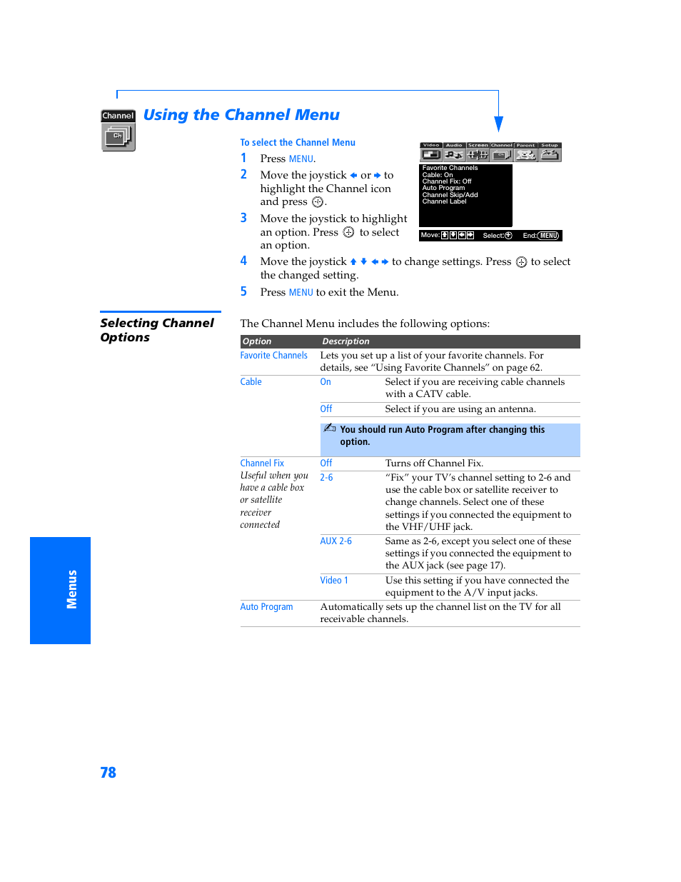 Using the channel menu, Selecting channel options | Sony KP 57WV700  EN User Manual | Page 79 / 101