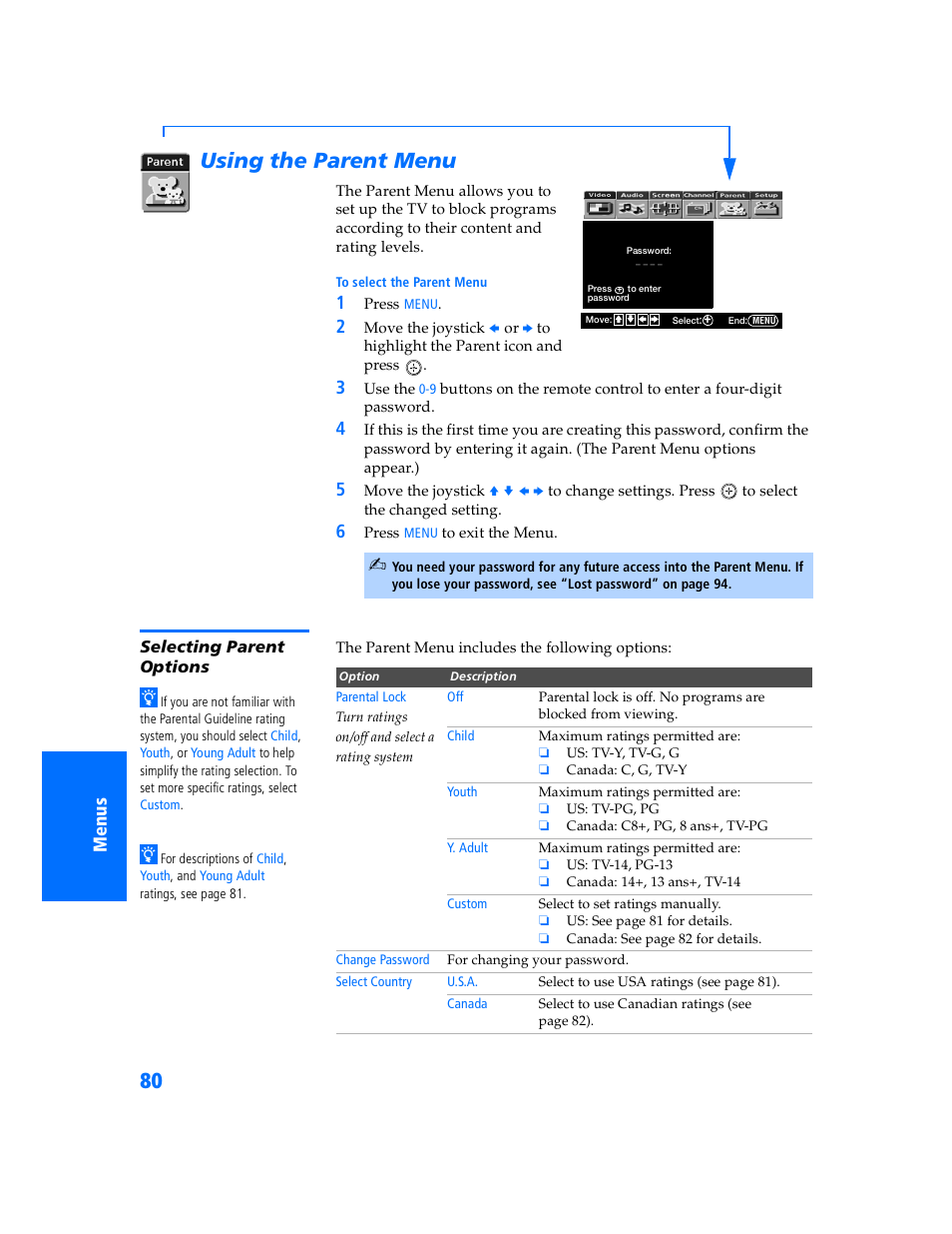 Using the parent menu, Selecting parent options | Sony KP 57WV700  EN User Manual | Page 81 / 101