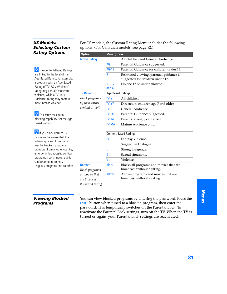 Us models: selecting custom rating options, Viewing blocked programs | Sony KP 57WV700  EN User Manual | Page 82 / 101