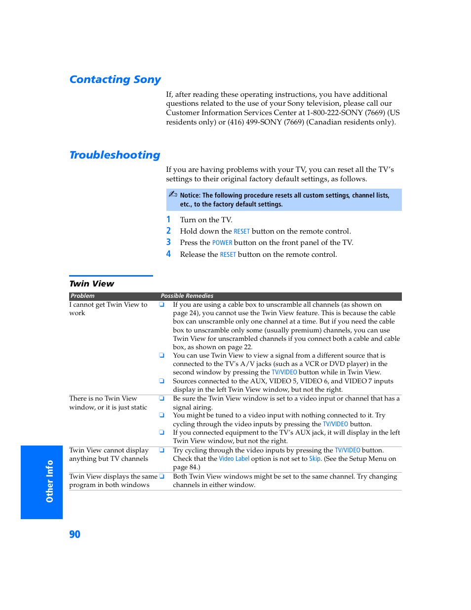 Contacting sony, Troubleshooting, Twin view | Contacting sony troubleshooting | Sony KP 57WV700  EN User Manual | Page 91 / 101