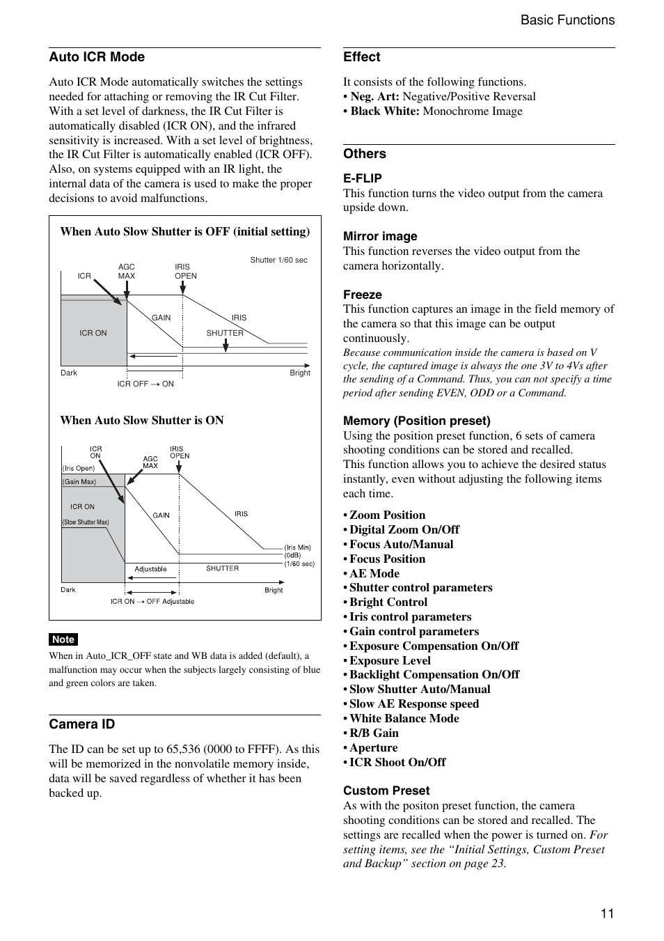 11 basic functions, Effect, Others | Auto icr mode, Camera id | Sony FCB-EX1010 User Manual | Page 11 / 52