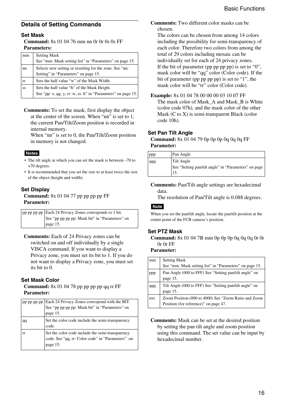 16 basic functions details of setting commands | Sony FCB-EX1010 User Manual | Page 16 / 52