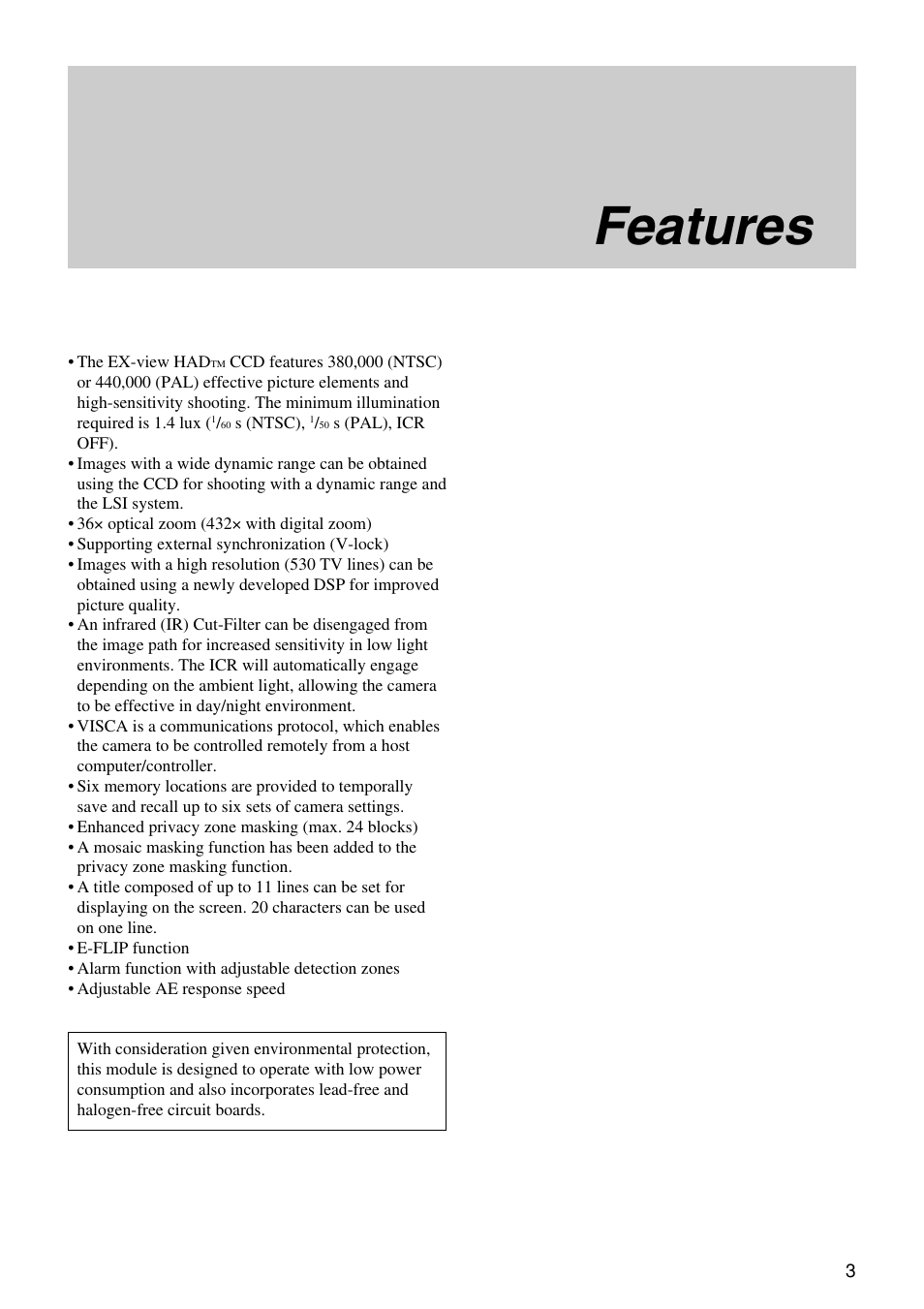 Features | Sony FCB-EX1010 User Manual | Page 3 / 52