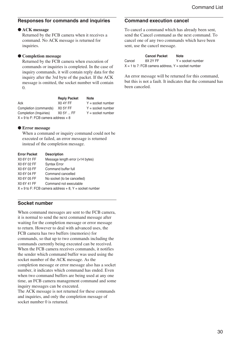 Socket number, Command execution cancel | Sony FCB-EX1010 User Manual | Page 30 / 52