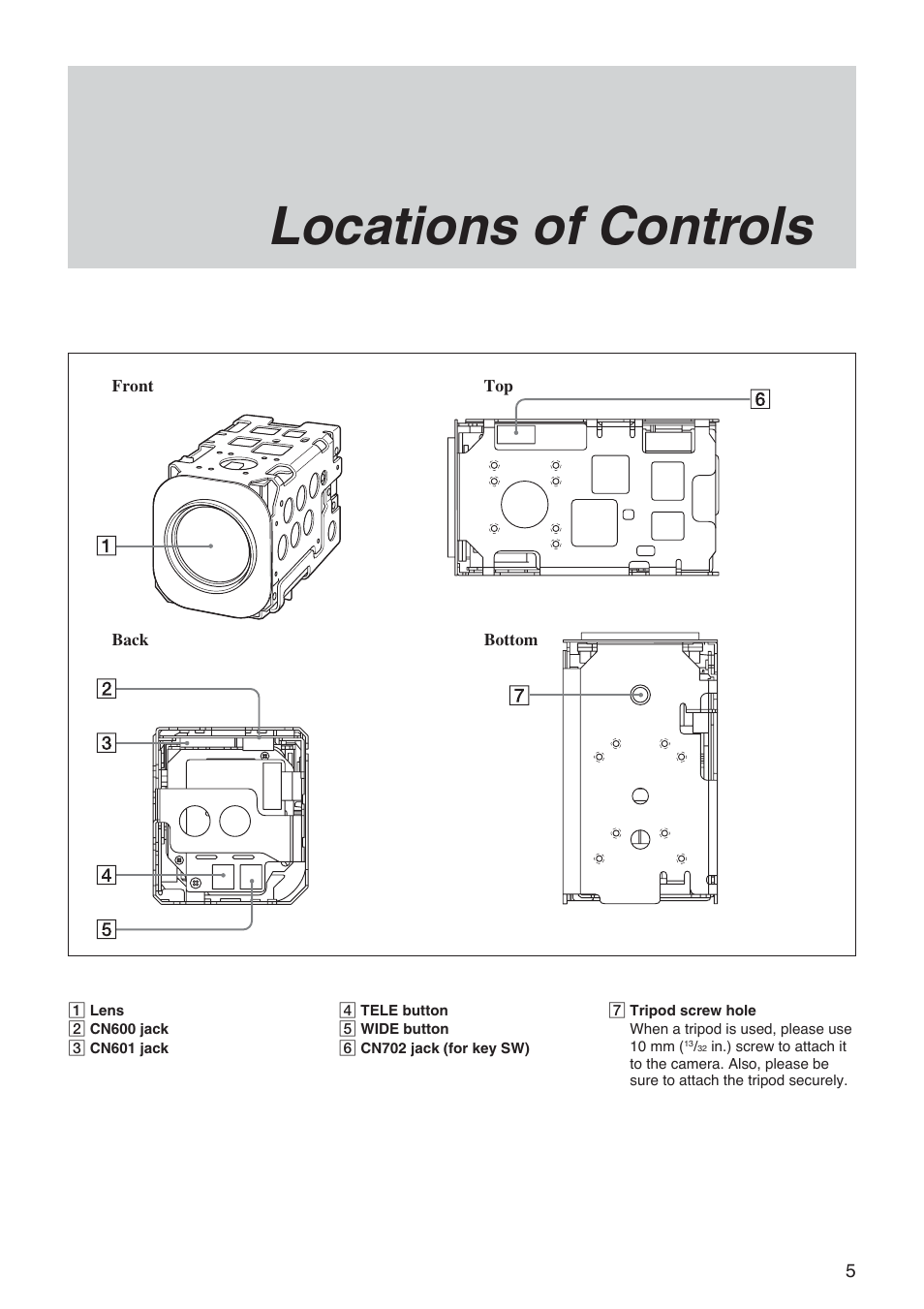 Locations of controls | Sony FCB-EX1010 User Manual | Page 5 / 52