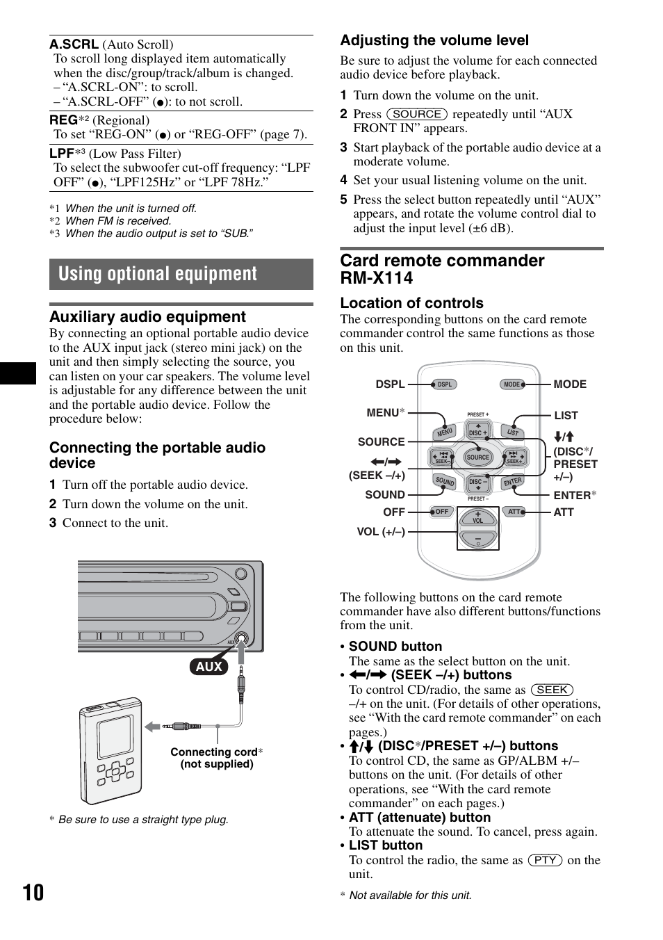 Using optional equipment, Auxiliary audio equipment, Card remote commander rm-x114 | Connecting the portable audio device, Adjusting the volume level, Location of controls, Regional) to set “reg-on, Or “reg-off” (page 7) . lpf | Sony CDX-GT200S User Manual | Page 10 / 92