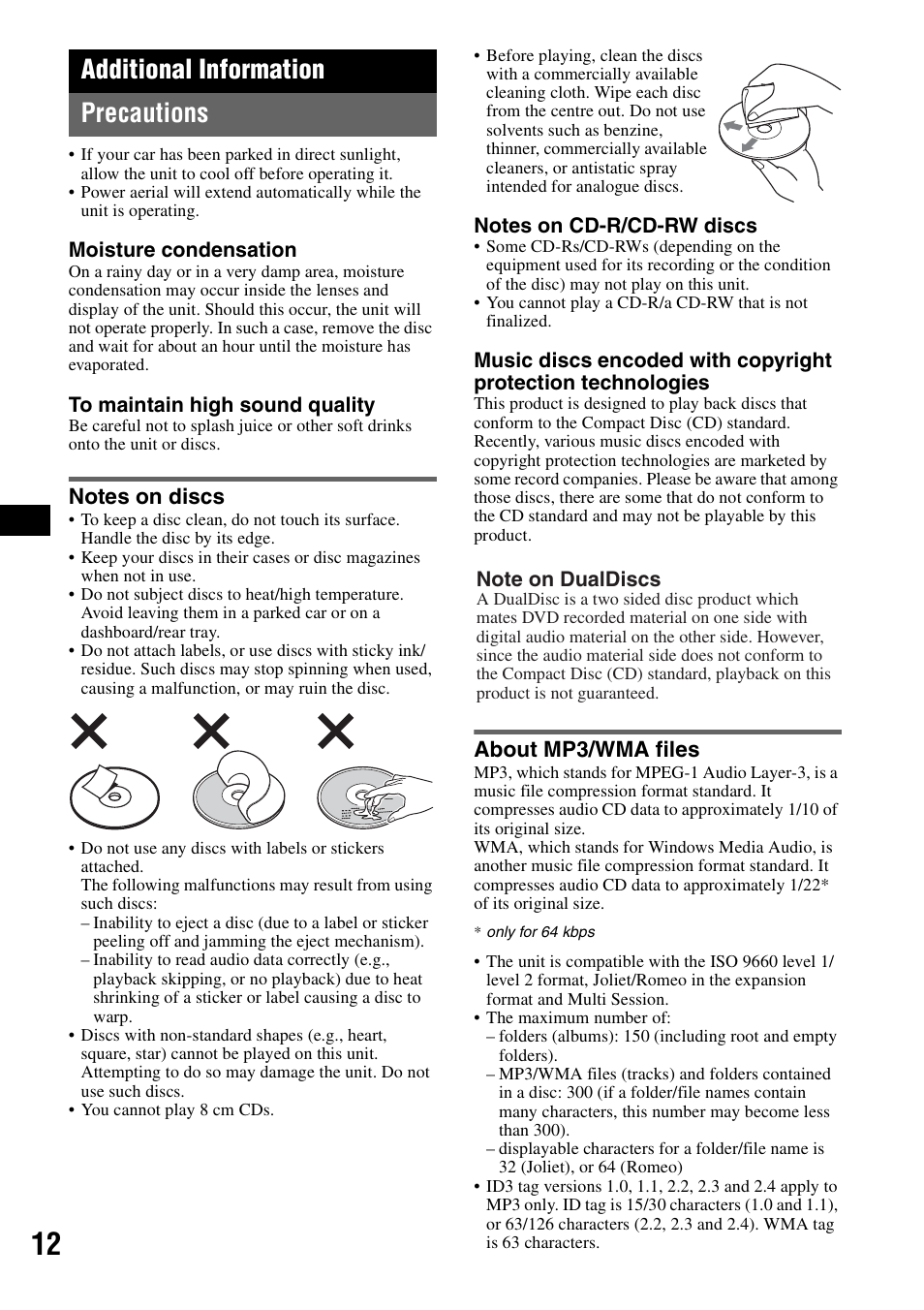 Additional information, Precautions, Notes on discs | About mp3/wma files, Notes on discs about mp3/wma files, Additional information precautions | Sony CDX-GT200S User Manual | Page 12 / 92
