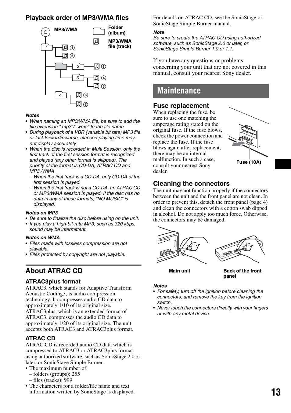 About atrac cd, Maintenance, Playback order of mp3/wma files | Fuse replacement, Cleaning the connectors | Sony CDX-GT200S User Manual | Page 13 / 92