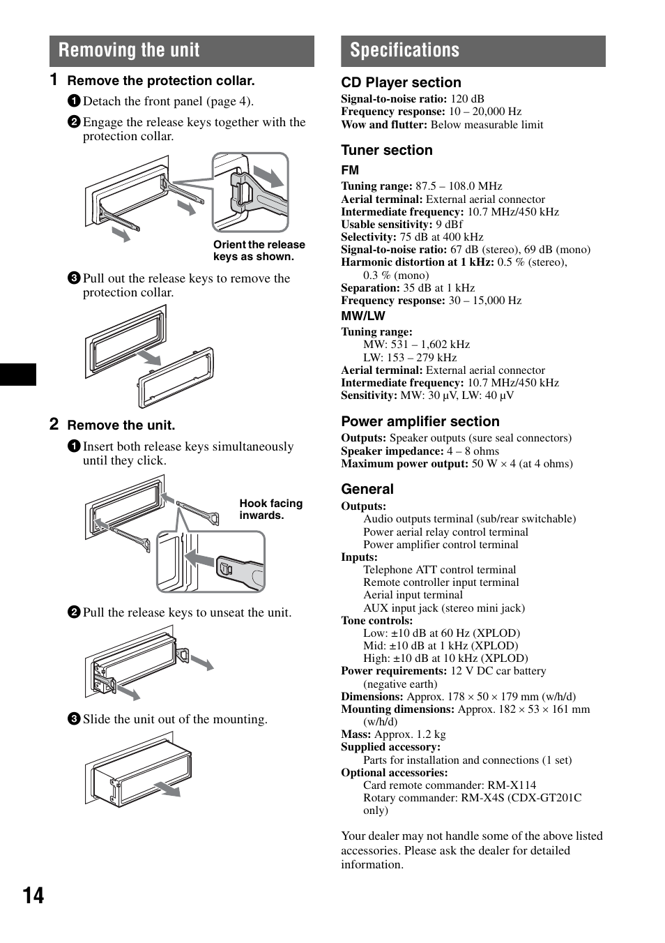Removing the unit, Specifications, Removing the unit specifications | Sony CDX-GT200S User Manual | Page 14 / 92